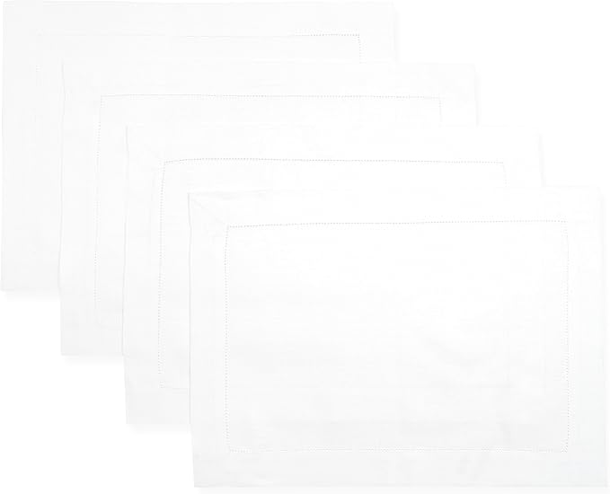 D'Moksha Homes White Linen Placemats Set of 4 - Classic Hemstitch Placemats 14 x 19 Inch - 100% Pure Linen Table Mats for Valentines, Holiday, New Year - Handcrafted and Machine Washable