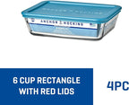 Anchor Hocking SnugFitTM Rectangular Food Storage Containers with Lids (4-Piece, 6-cup, Teal, oven-safe)