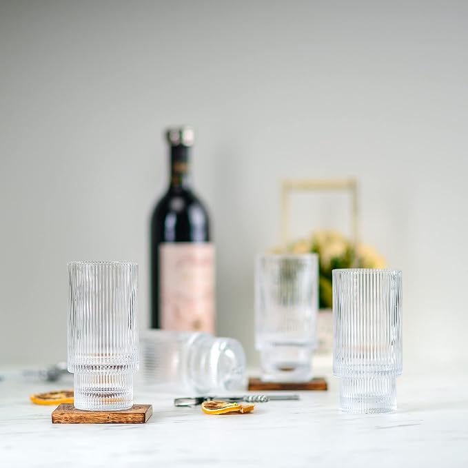 Greenline Goods Ripple Drinking Glasses - 12 oz Modern Kitchen Glassware Set Unique Vintage Cups For Weddings, Cocktails Or Modern Bar - Set of 4