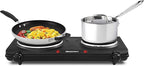 Elite Gourmet EDB-302BF Countertop Double Cast Iron Burner, 1500 Watts Electric Hot Plate, Temperature Controls, Power Indicator Lights, Easy to Clean, Black