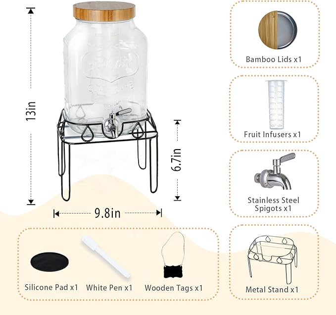 2 Gallon Glass Drink Dispenser with Stand and Bamboo Lid, Lemonade Dispenser with Stainless Steel Spigot, Glass Beverage Dispenser for Parties, Weddings, Kombucha, BBQ
