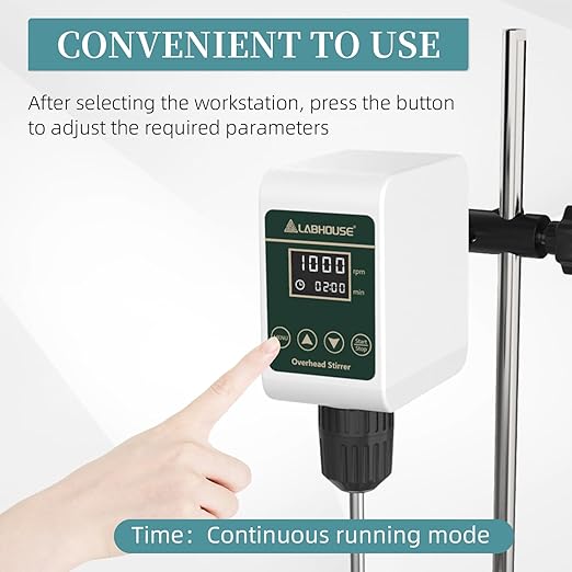 OS-5S Digital Overhead Stirrer 10L(H₂O) Lab Stirrer Flat-Base Stainless Steel Stand & 2 Stirring Paddles & Beaker Holder | 100-1200RPM,10000 mPas,Timing 1min-24h