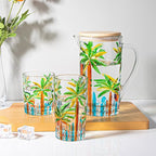 Tropical Summer Glass Jug Caribbean Mix Rum Punch Coconut Tree Pool Party Colorful Design Tiki Bar Engraved Jugs To Pour Into Drinking Glasses Margarita Mojito Martini Whiskey Sour Beach Water Palm