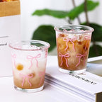 Set of 2 12 OZ French Drinking Glasses Bow Glass Coffee Cup Cute Glass Cups for Iced Coffee,Tea,Juice,Latte,Milk,Dessert,Stackable Glassware Drinkware Set (pink bow)