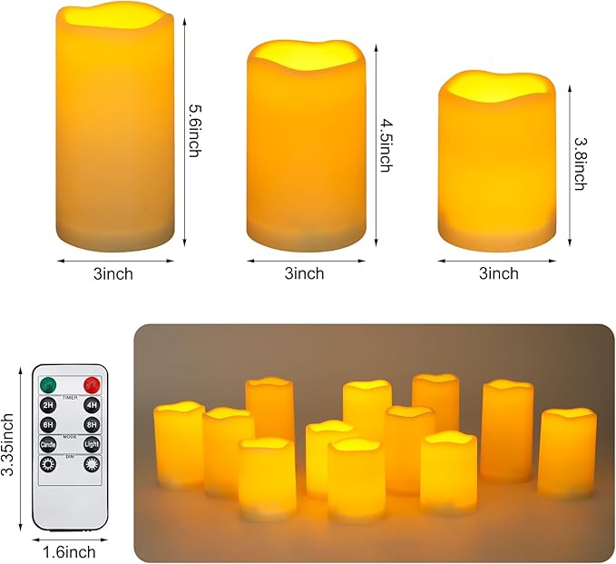 Enido Flameless Candles LED Candles Candles(D: 3" x H: 4" 5" 6") Battery Operated Outdoor Waterpoof Plastic Pack of 12 Pillar