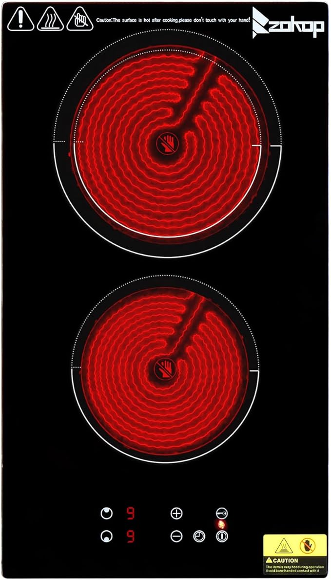 Winado 2 Burners Electric Ceramic Cooktop 20 inch, 220-240V Flat Top Stove, Multi-function Elecric Stovetop w/9 Heating Level, Timer & Kid Safety Lock, Sensor Touch Control, Timer Setting, Plug, 3000W