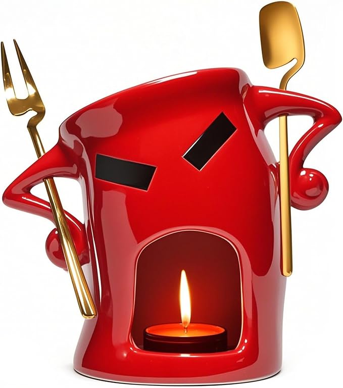 Ceramic Chocolate Fondue Mug With Attitude,Mini Simmer Mug Contain Fondue Bliss Cup Forks Chocolate Melting Cup for Cheese Fondue Set Without Tealights For Date Night Birthday (Red)