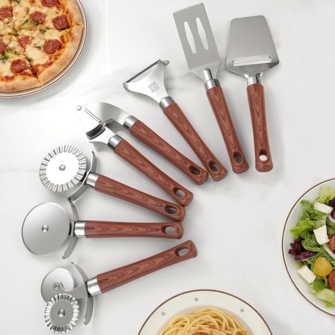 9-Piece Kitchen Tools and Gadgets Set with Wood Imitation Handle BRIIEC Stainless Steel Cooking Utensils Kitchen Accessories Includes Can Opener Garlic Press Peeler