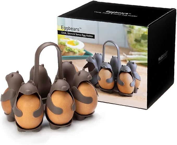 Peleg Design Eggbears 3-in-1 Cook, Store and Serve Egg Holder, Bear-Shaped Boiled Egg Cooker for Making Soft or Hard Boiled Eggs, Eggies, Holds 6 Eggs for Easy Cooking and Fridge Storage