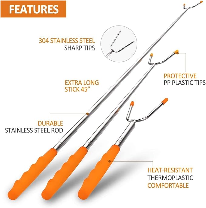 bbqstyle Marshmallow Roasting Sticks, Set of 8 Pack Premium 45'' Extendable Rotating Telescoping Forks for Hot Dog & Smores, Special Safe and Healthy Cookware for Campfire, Camping & Bonfire