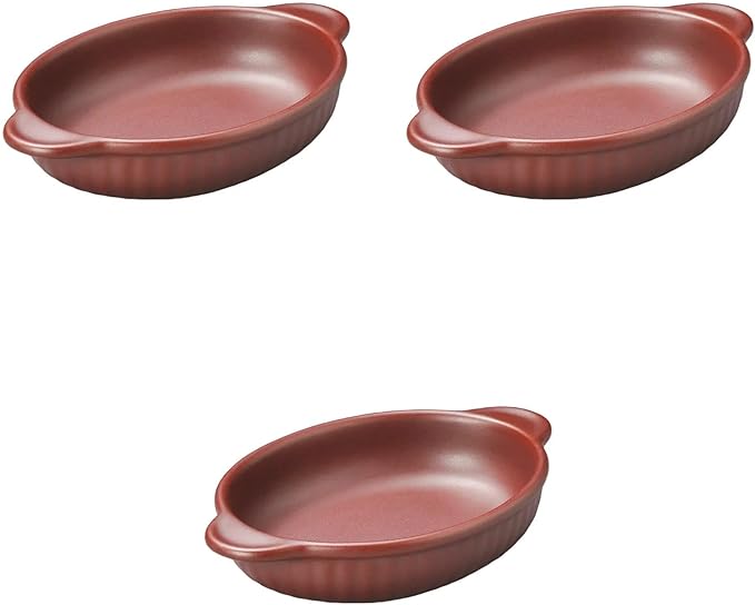 Set of 3, Iron Red Boat Gratin (9.2 x 5.8 x 1.7 inches (23.4 x 14.8 x 4.2 cm) | Au Gratin Dish, Ceramic, Direct Fire, Setomonohonpo