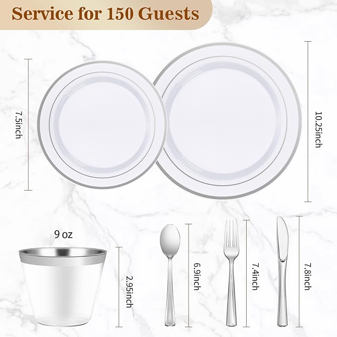 BESTVIP 900PCS Silver Dinnerware Set for 150 Guests, Plastic Plates for Party, 150 Silver Disposable Plates, 150 Dessert Plates, 150 Cups, 150 Spoons, 150 Forks and 150 Knives