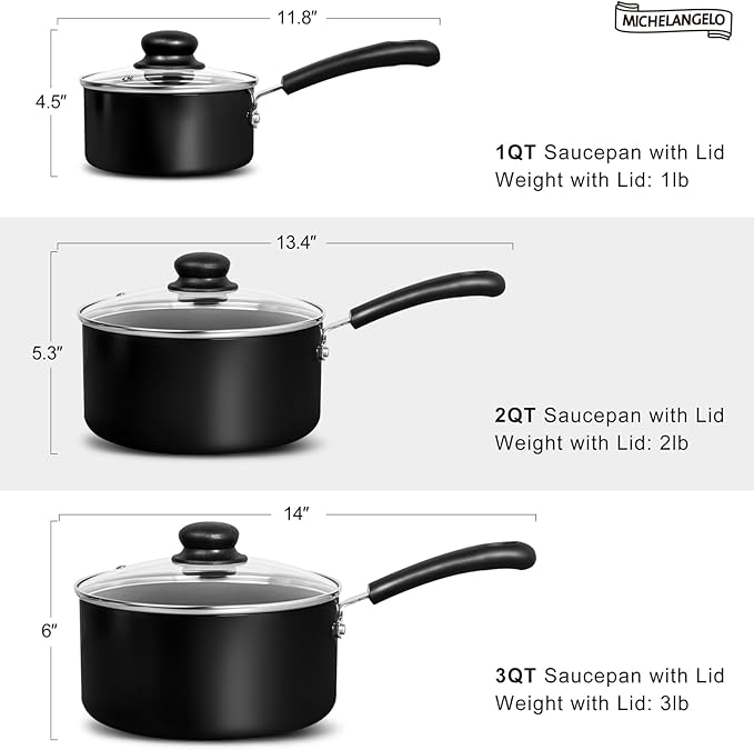 MICHELANGELO Nonstick Saucepan with Lid, Ceramic Sauce Pan Sets, Easy to Clean Sauce Pans, Multi-Purpose Cooking Pots, 2QT, Black