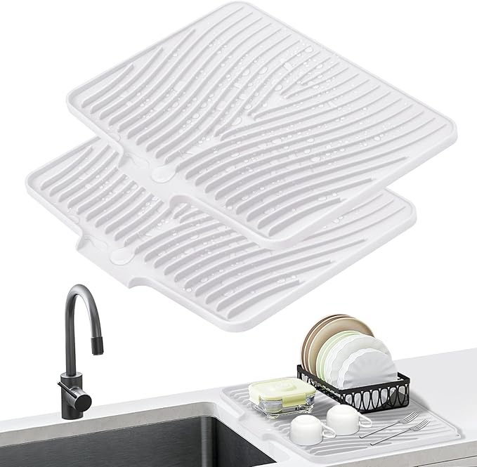 TIKNIK Silicone Dish Drying Mat, Stone Drying Mat for Kitchen Counter with Built-In Drain, Non-Slip Drain Pad with Built-in Drain, Heat Resistant Stone Drying Mat, Hangable, White-2pcs, 16" x 12"