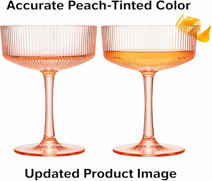 Khen Shatterproof Acrylic Ribbed Vintage Art Deco Coupe Glasses | Set of 4 | 8oz Ripple Glassware for Indoor & Outdoor Use | Pink (Peach-Tinted) Glasses