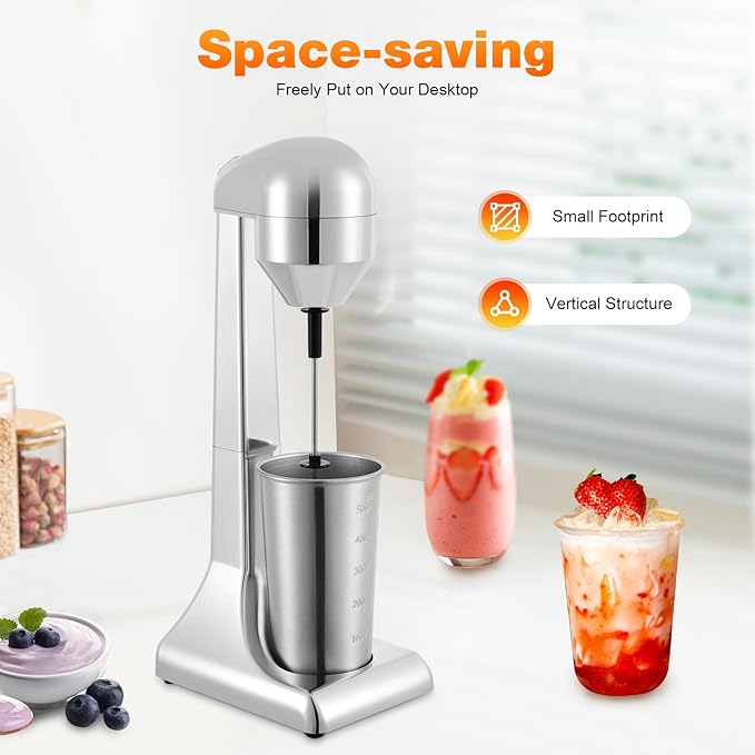 Electric Drink Mixer, Restaurant-Quality Retro Milkshake Maker & Milk Frother with 2 Speeds and 17 oz. Stainless Steel Cup, Smoothie Ice Cream Mixer for Commercial and Home