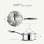 CAROTE 1.5Qt Stainless Steel Saucepan, Non-Toxic 3-Ply Stainless Steel Cookware Set with Lids, Small Kitchen Pots, Oven Safe, Compatible with Induction, Ceramic, Gas