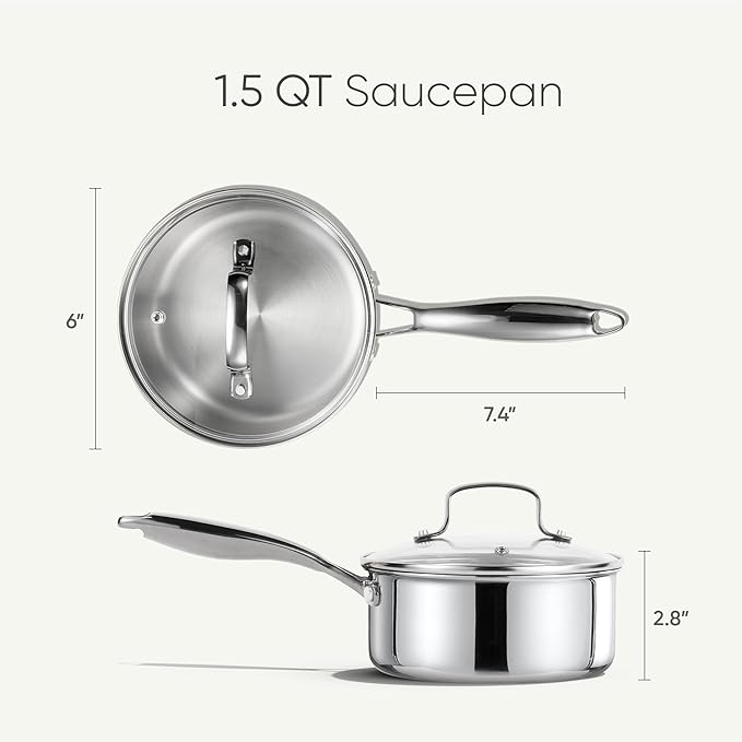 CAROTE 1.5Qt Stainless Steel Saucepan, Non-Toxic 3-Ply Stainless Steel Cookware Set with Lids, Small Kitchen Pots, Oven Safe, Compatible with Induction, Ceramic, Gas