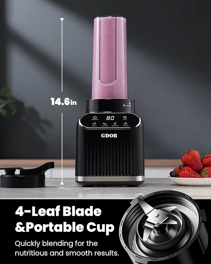 GDOR Professional Blender for Kitchen, 1200 Peak Watts Smoothie Blender, 5 Functions for Ice Crushing & Frozen Fruit, 52 Oz Glass Jar & 24 Oz To-Go Cup Combo, Self-Cleaning, Black