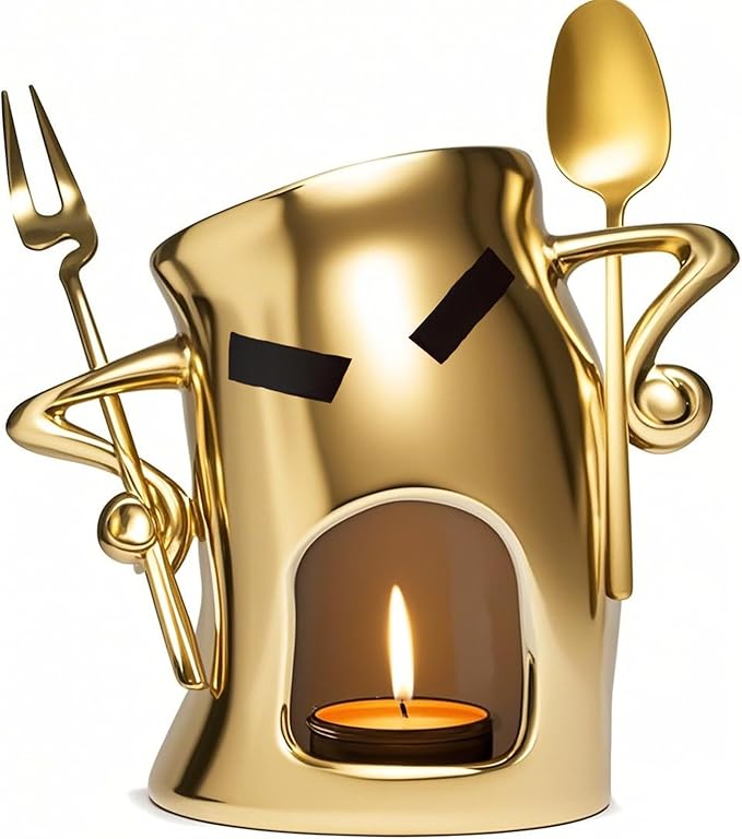 Mini Ceramic Fondue Set: Chocolate Fondue Melting Cup, Cheese Fondue Pot, Candy Mini Fondue Cups with 1 Fork & 1 Scoop - Food-Safe Gift for Parties, Gifts, Cozy Nights (Gold)