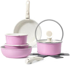 SODAY 15Pcs Pots and Pans Set Non Stick, Cookware Sets with Detachable Handle, Nonstick RV Kitchen Cooking Tools Removable Handles, Oven Safe, Induction Fast, Stackable Induction Cookware, Pink