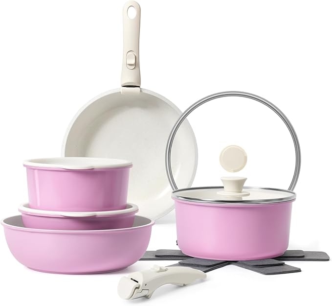 SODAY 15Pcs Pots and Pans Set Non Stick, Cookware Sets with Detachable Handle, Nonstick RV Kitchen Cooking Tools Removable Handles, Oven Safe, Induction Fast, Stackable Induction Cookware, Pink