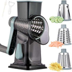 Rotary Cheese Grater with Handle Kitchen Shredder Slicer Grater Slicer Ice Shaver Cheese Vegetable Nuts Potato Zucchini Chocolate 3 Interchangeable Blades (GreyBlue)