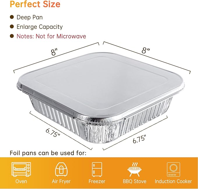 8x8 Aluminum Pans with Lids - 10 Pack Disposable Baking Pans, Tin Foil Pans with Lids for Holiday Cooking, Christmas, Parties Meal Prep, Storage, Heating and Baking