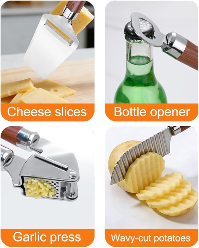 9-Piece Kitchen Tools and Gadgets Set with Wood Imitation Handle BRIIEC Stainless Steel Cooking Utensils Kitchen Accessories Includes Can Opener Garlic Press Peeler