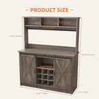 4ever2buy Farmhouse Coffee Bar Cabinet with 3 Storage Hutch, 47”Coffee Bar with Sliding Barn Doors, Hutch Cabinet with 6 Hooks & 9 Wine Racks for Dining Room, Kitchen, Wash Grey