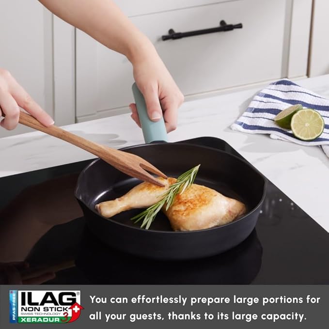 KARACA Fancy Ceramic Cookware Sets Black, Kitchen Pots & Pans Set Non Stick with Lid, Swiss Crystal Surface, Induction Cooking Utensils, 7-Piece, Dishwasher Safe