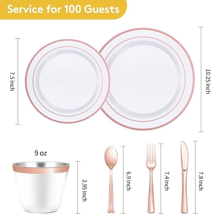 Goodluck 600 Pieces Rose Gold Disposable Plates for 100 Guests, Plastic Plates for Party, Wedding, Dinnerware Set of 100 Dinner Plate, 100 Salad Plates, 100 Spoons, 100 Forks, 100 Knives, 100 Cups
