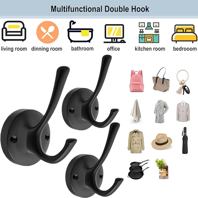 Matte Black Wall Hooks, 4 Pack Heavy Duty Coat Towel Hook Metal Double Backpack Hook Wall Mounted, Bath Towel Hooks for Entryway Cubicle Bathroom Closet Garage