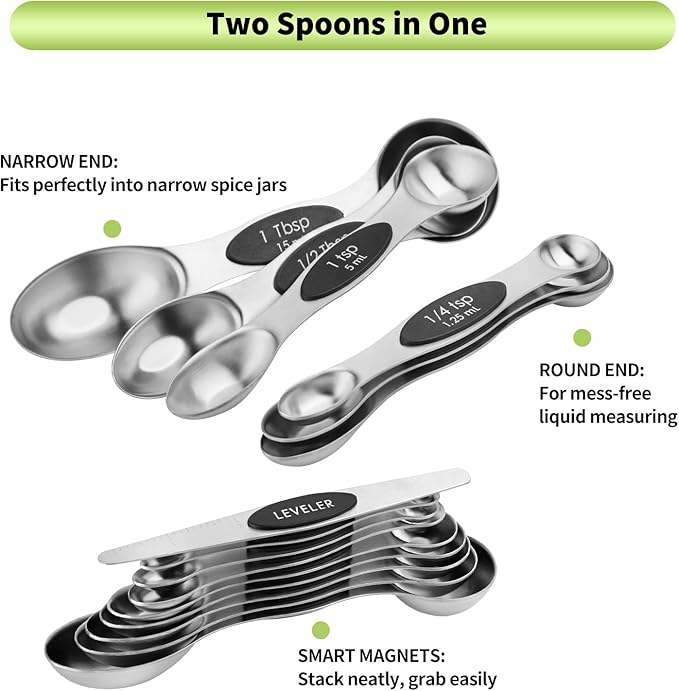 Magnetic Measuring Spoons Set Stainless Steel with Leveler, Dual-Sided Metal Measuring Spoons for Baking & Cooking, Fits in Spice Jars, Must-have Kitchen Gadgets, 8 Measuring Spoons & 1 Leveler, Black