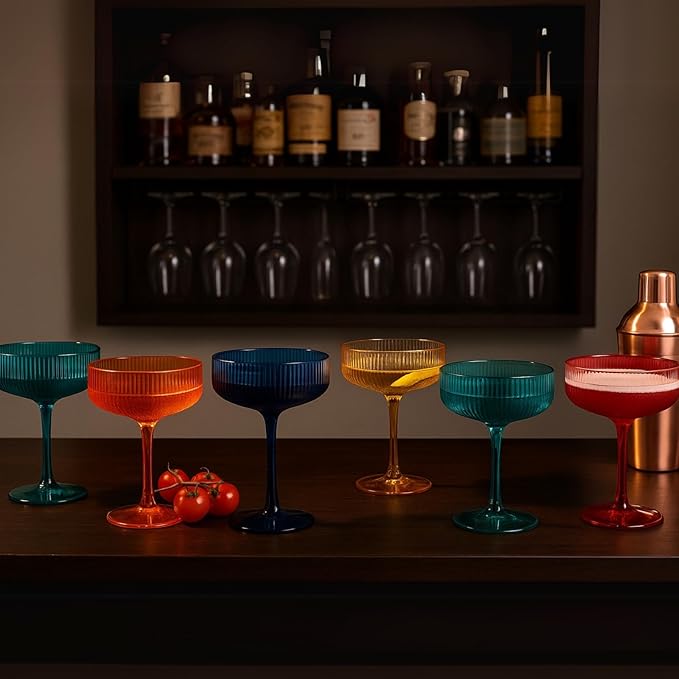 Khen Plastic Acrylic Ribbed Vintage Art Deco Martini, Champagne & Cocktail Retro Color Shatterproof Coupe Glasses | Set of 6 | 8 oz Ripple Glassware Classic Cocktail Indoor & Outdoor, European Style