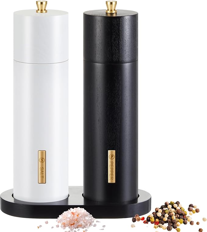Wooden Salt and Pepper Grinder Set Manual Salt and Pepper Mill with Tray Adjustable Coarseness Refillable Wood Grinders with Gold Bottle Label for Kitchen (Black,White,8 Inch)
