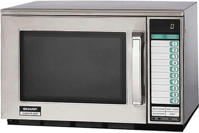 Sharp R-22GT Commercial Microwave Oven, Heavy Duty, 1200 Watt, 0.70 cu. ft. Capacity, Stainless Steel, 20 Program Inputs, 11 Power Levels, Express Defrost, 3-Stage Cooking, Digital Display