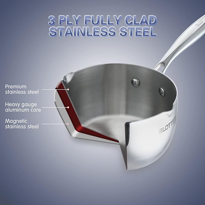 SLOTTET Tri-Ply Whole-Clad Stainless Steel Saucepan with Steamer,2.5 Qt Small Multipurpose Pot with Pour Spout,Strainer Glass Lid, 2 Quart Sauce Pan for Cooking with Stay-cool Handle.