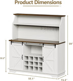 55 Inch Farmhouse Coffee Bar Cabinet with 3-Tier Enclosed Storage Cabinet, Kitchen Hutch with 12 Wine Racks & 3 Glass Holders, Coffee Bar with 6 Hooks, Wood Furniture for Dining Living Room, White