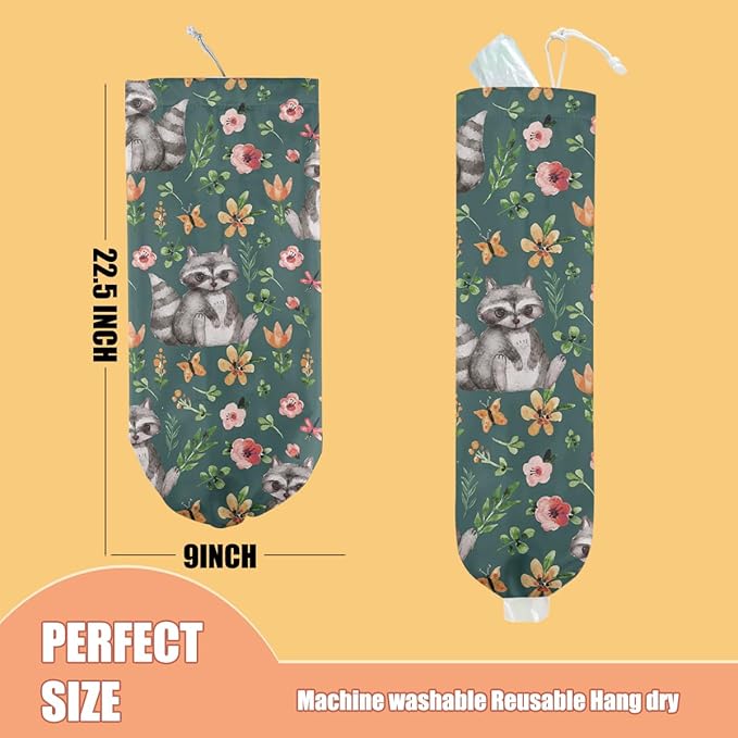 Raccoon Plastic Bag Holder, Wall Mount Grocery Bag Holder, Plastic Storage bag, Pull Rope Free Adjustment, Plastic Bag Holders for Grocery Bags, Plastic Bag Dispenser for Home Kitchen