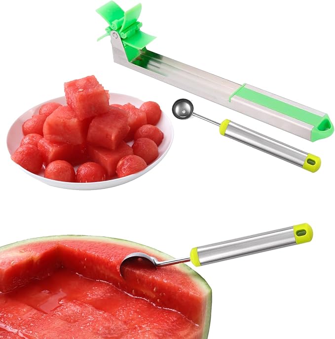 Watermelon Slicer Cutter - Stainless Steel Knife Corer Fruit Vegetable Tools Kitchen Gadgets with Melon Baller Scoop Extra