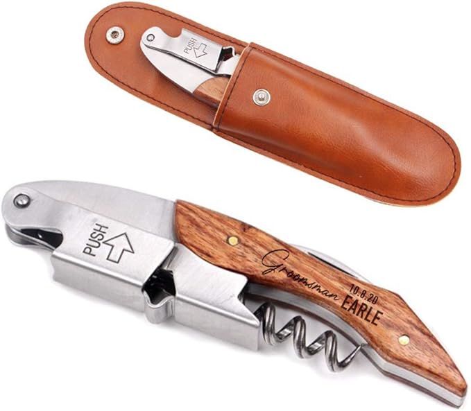Personalized Wine Opener Wine Bottle Opener 3 in 1 Corkscrew Wine Bottle Opener Wine Key Wood Handle Stainless Steel Wine Opener for Bar Restaurant Waiters Sommelier Bartend(Design 3)