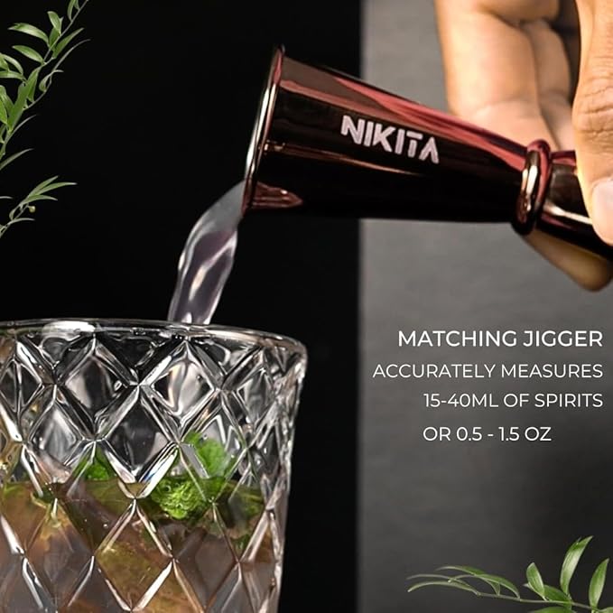 Nikita Cocktail Shaker, 5-Piece Martini Shaker & Bartender Kit with Bar Accessories Strainer, Jigger, Spoon & Muddler, Rose Gold 16oz Drink Mixer with Bartender Accessories