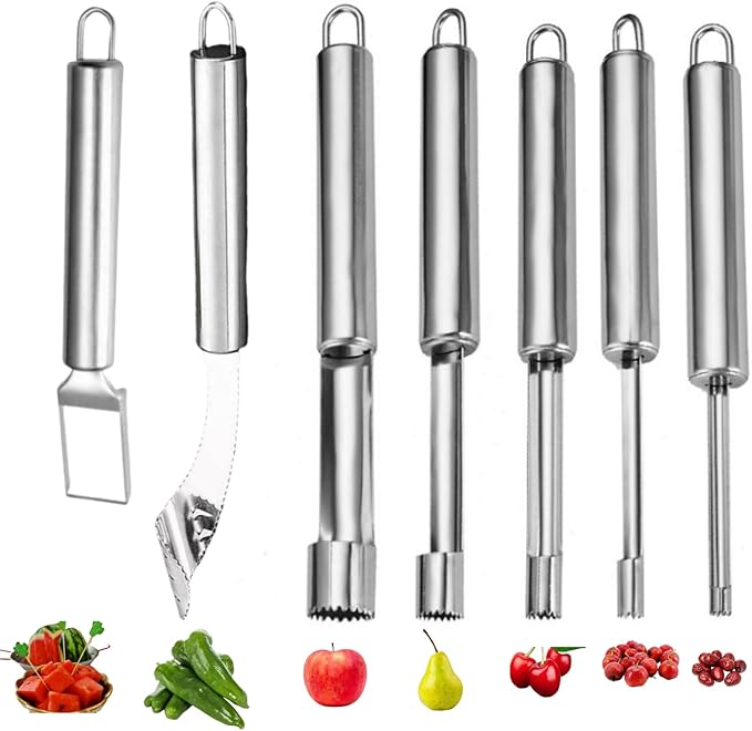 Fruit and Vegetable Corer Tool, Multi-Function Stainless Corer and Pitter Remover Set for Apple, Chili Kernel Remover Fruit Slicer for Kitchen