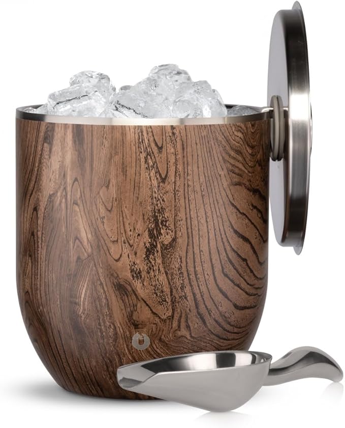 Snowfox Plus - Insulated Ice Bucket with Lid/Scoop, Premium Vacuum Insulated Stainless Steel Ice Buckets for Parties, Ice Box, Home Bar Accessories, Parties Supplies, Bar Decor, 3L, Dark Walnut