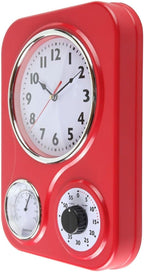 Lily's Home - 9.5 Inch x 12.5 Inch - Retro Kitchen Wall Clock, Vintage Wall Clock with a Thermometer and 60-Minute Timer, Ideal for Any Kitchen, Office, or Diner (Red)