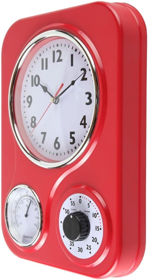 Lily's Home - 9.5 Inch x 12.5 Inch - Retro Kitchen Wall Clock, Vintage Wall Clock with a Thermometer and 60-Minute Timer, Ideal for Any Kitchen, Office, or Diner (Red)