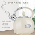 RETTBERG Tea Kettle for Stovetop Induction Whistling Tea Kettles 2.64 Quart Retro Food Grade Stainless Steel Teapots with Cool Touch Handle White