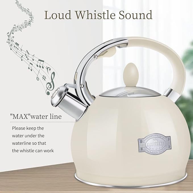 RETTBERG Tea Kettle for Stovetop Induction Whistling Tea Kettles 2.64 Quart Retro Food Grade Stainless Steel Teapots with Cool Touch Handle White