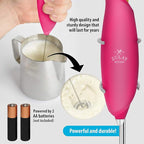 Zulay Kitchen Premium One-Touch Milk Frother for Coffee - Easy-Use Frother Handheld Foam Maker - Electric Whisk Drink Mixer for Cappuccino, Frappe, Matcha and Hot Chocolate (Hot Pink, Gold Button)